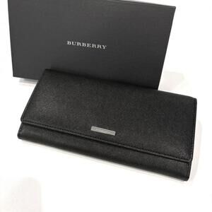 Burberry Nova Check Leather Long Wallet, Black, Clasp Closure, BURBERRY